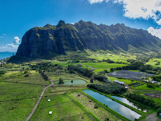 Aerial view of ⁨Kualoa Ranch⁩, Jurassic valley, ⁨Hawaii, United States.