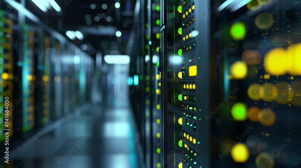 Poster blurred view of a data center with rows of server racks illuminated by blue and yellow led lights.