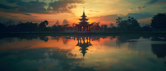 A captivating photo of a shrine at dusk, its silhouette against the backdrop of a fiery sunset sky, reflected in the still waters of a nearby pond, - obrazy, fototapety, plakaty