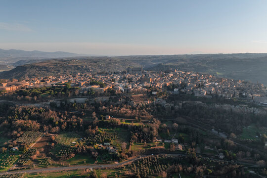 Aerial view of Orvieto at sunset, a small town on the hills in Umbria, Terni, Italy.