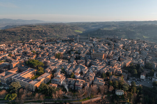 Aerial view of Orvieto at sunset, a small town on the hills in Umbria, Terni, Italy.