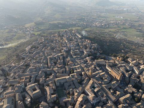 Aerial view of Orvieto at sunset, a small town on the hills in Umbria, Terni, Italy.