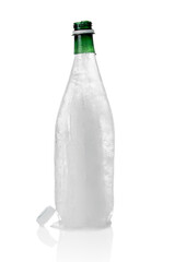 Frozen mineral water in shape of bottle on a white background