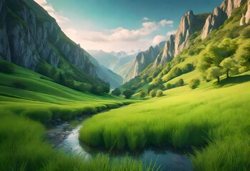 Majestic view of beautiful lush green valley with trees and colorful grass against picturesque high mountains in asturias in spain. AI generated - obrazy, fototapety, plakaty
