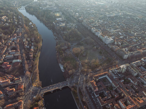 Aerial view of Valentino Public Park in Turin downtown, Turin, Piedmont, Italy.