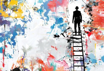 Modern minimalist concept: a man climbing a floating staircase against a concrete wall symbolizes progress and aspiration