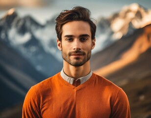 High fashion portrait of male model shoot in mountains landscape wearing orange clothes