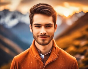 High fashion portrait of male model shoot in mountains landscape wearing orange clothes