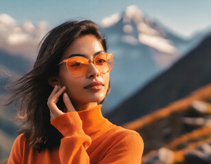 High fashion portrait of female model shoot in mountains landscape wearing orange clothes