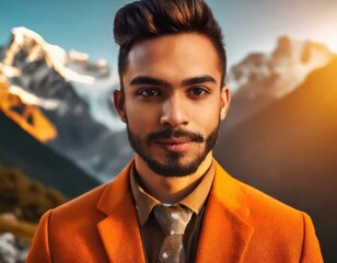 High fashion portrait of male model shoot in mountains landscape wearing orange suit