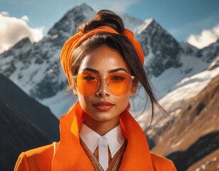 High fashion portrait of female model shoot in mountains landscape wearing orange clothes