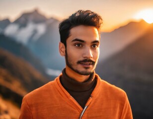 High fashion portrait of male model shoot in mountains landscape wearing orange clothes