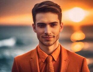 High fashion portrait of male model shoot in ocean landscape wearing orange suit at sunset