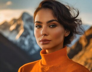 High fashion portrait of female model shoot in mountains landscape wearing orange clothes