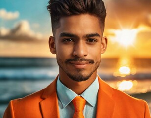 High fashion portrait of male model shoot in ocean landscape wearing orange suit at sunset