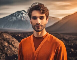 High fashion portrait of male model shoot in mountains landscape wearing orange clothes