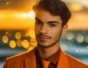 High fashion portrait of male model shoot in ocean landscape wearing orange suit at sunset