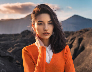 High fashion portrait of female model shoot in mountains landscape wearing orange clothes