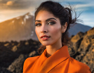 High fashion portrait of female model shoot in mountains landscape wearing orange clothes