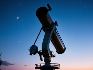 Big astronomical telescope under a twilight sky ready for stargazing.
