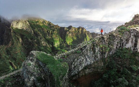 Aerial drone view of PR1 hike, stairway to heaven pathway, near Pico de Areeiro, Madeira Island, Portugal.