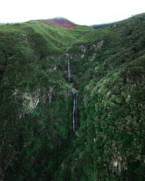 Aerial drone view of Risco Waterfall at the Lagoa das 25 Fontes trail PR6, Madeira island, Portugal.