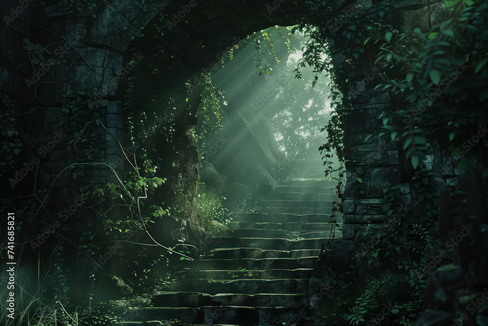 Poster tunnel with light. a scenery for an adventurous quest. background image. created with generative ai 
