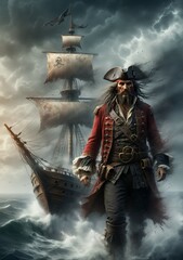 Captain of a pirate ship. Old pirate, pirate ship at sea during a storm