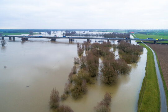 Aerial view of A1 highway bridge over river IJssel during high water, Deventer, Overijssel, Netherlands.