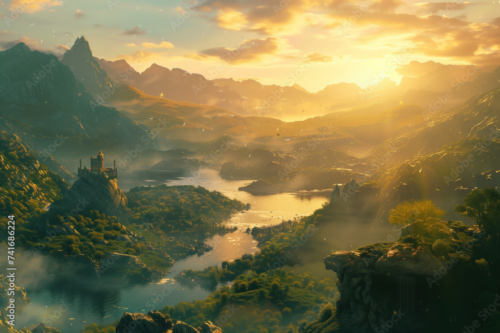 Poster Sunrise over the mountains. A scenery for an adventurous quest. Background image. Created with Generative AI technology.
