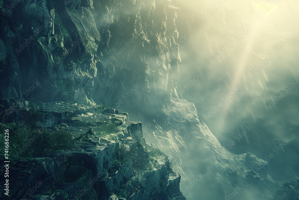 Poster Mountains. A scenery for an adventurous quest. Background image. Created with Generative AI technology.