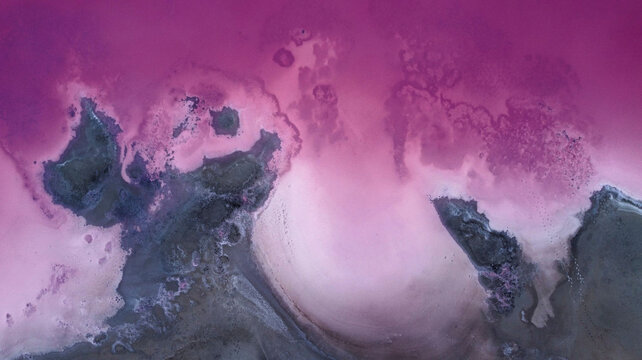 Aerial drone view of the Lemurian Pink Lake in the Kherson Oblast, Ukraine.