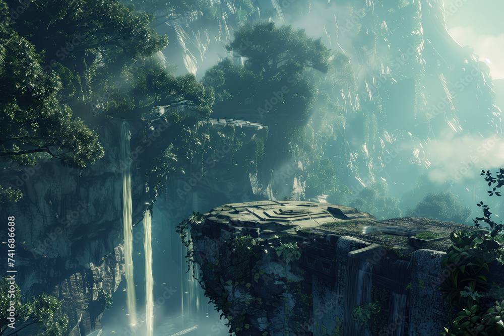 Poster Waterfall in the mountains. A scenery for an adventurous quest. Background image. Created with Generative AI technology.
