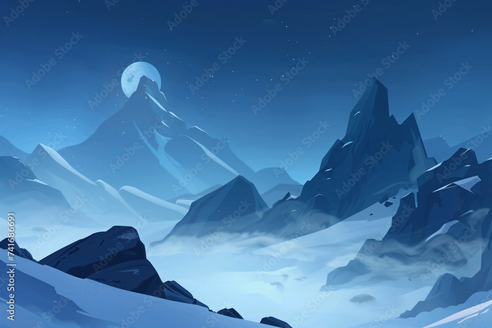 Poster winter mountain landscape. a scenery for an adventurous quest. background image. created with genera