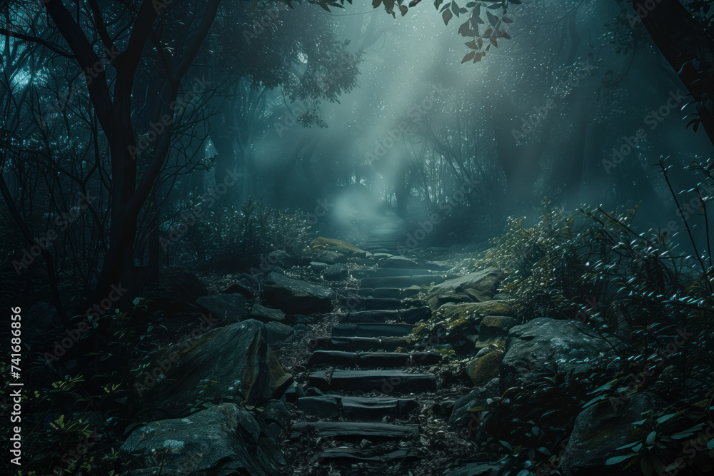 Poster dark forest in the night. a scenery for an adventurous quest. background image. created with generat