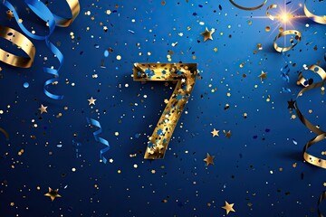 A number seven figure is prominently displayed, surrounded by vibrant streamers and confetti in a celebratory setting. The festive decorations add a sense of joy and excitement to the scene