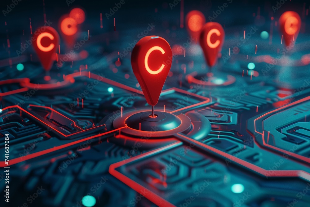 Poster a digital map with a prominent red location pin and multiple smaller pins