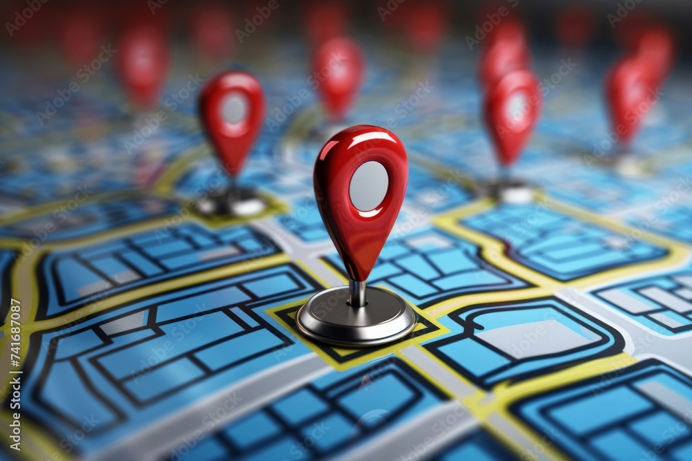 Poster a digital map with a prominent red location pin and multiple smaller pins