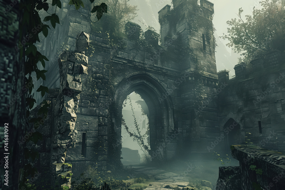 Poster ruins of the castle. a scenery for an adventurous quest. background image. created with generative a
