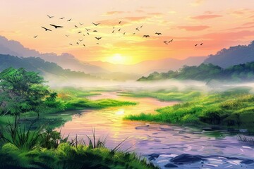 An idyllic landscape painting with a river, green hills, and birds flying in the sky at sunrise