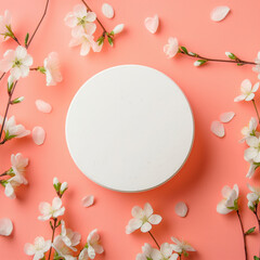 White round podium on pink background with flowers.