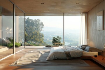 Modern bedroom with large windows overlooking a scenic view