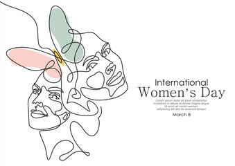 International women's day greeting card. Woman face with butterfly in one continuous line drawing. Abstract female portrait in simple linear style. Doodle Vector illustration for 8 march