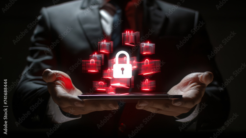 Poster businessman is using a tablet that displays a holographic projection of cybersecurity lock icons, sy