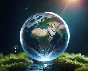 Obraz na płótnie Canvas planet Earth in a drop of water on a blue background illuminated by sunlight. environment and Earth day illustration