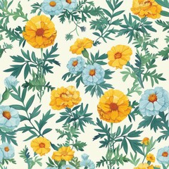 Vibrant Marigold and Capri Blue Floral Seamless Pattern.