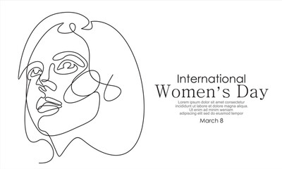 International women's day greeting card. Women faces in one continuous line drawing. Abstract female portrait in simple linear style. Vector illustration for 8 march