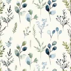 Soft Watercolor Botanical Elements in Capri and Chambray Blue Seamless Pattern.