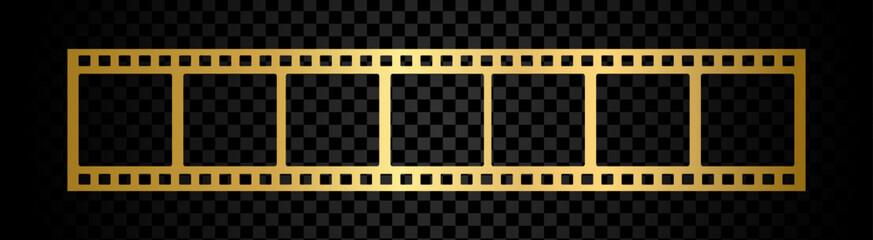 Golden film strip or gold frame photo reel isolated on black background
