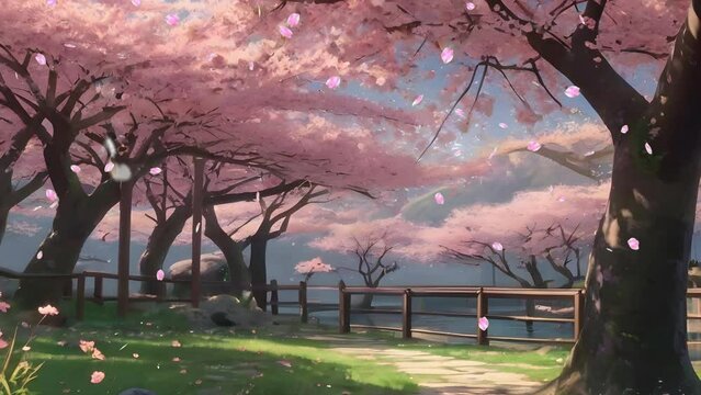 Spring background with cherry blossom garden. Cherry blossom tree with butterflies. Cherry blossom rain. 4k animated videos. Japanese anime painting style